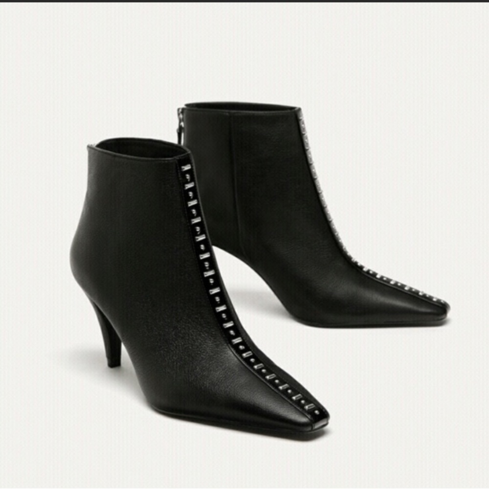 ZARA Black Leather Ankle Boots with Studs